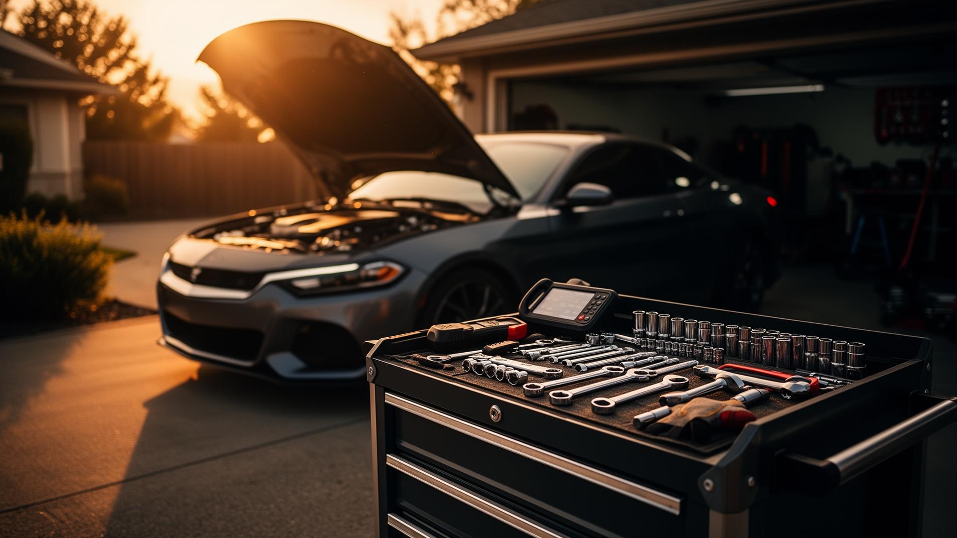 Mobile mechanic with car and tools